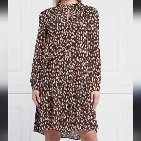 NEW Marc Cain brown spotted chiffon crepe knee length dress 12